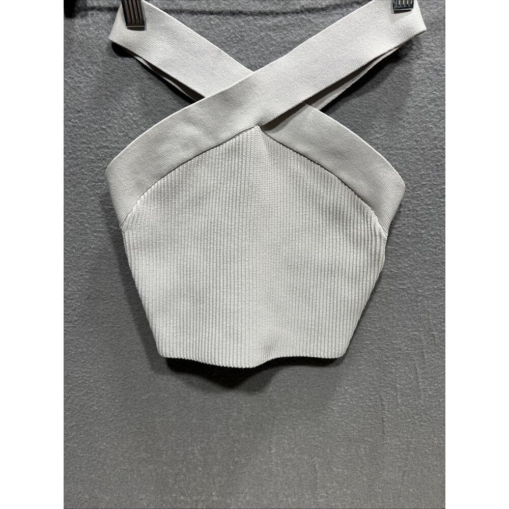 Aritzia Babaton Sculpt Knit Ribbed Crisscross Halter Crop Top Beige Size XS - Picture 4 of 10